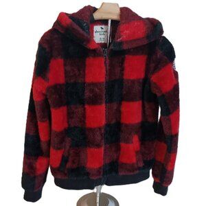 Abercrombie Kids Furry Full Zip Hoodie Red Black Buffalo Plaid Girls 13/14 EUC